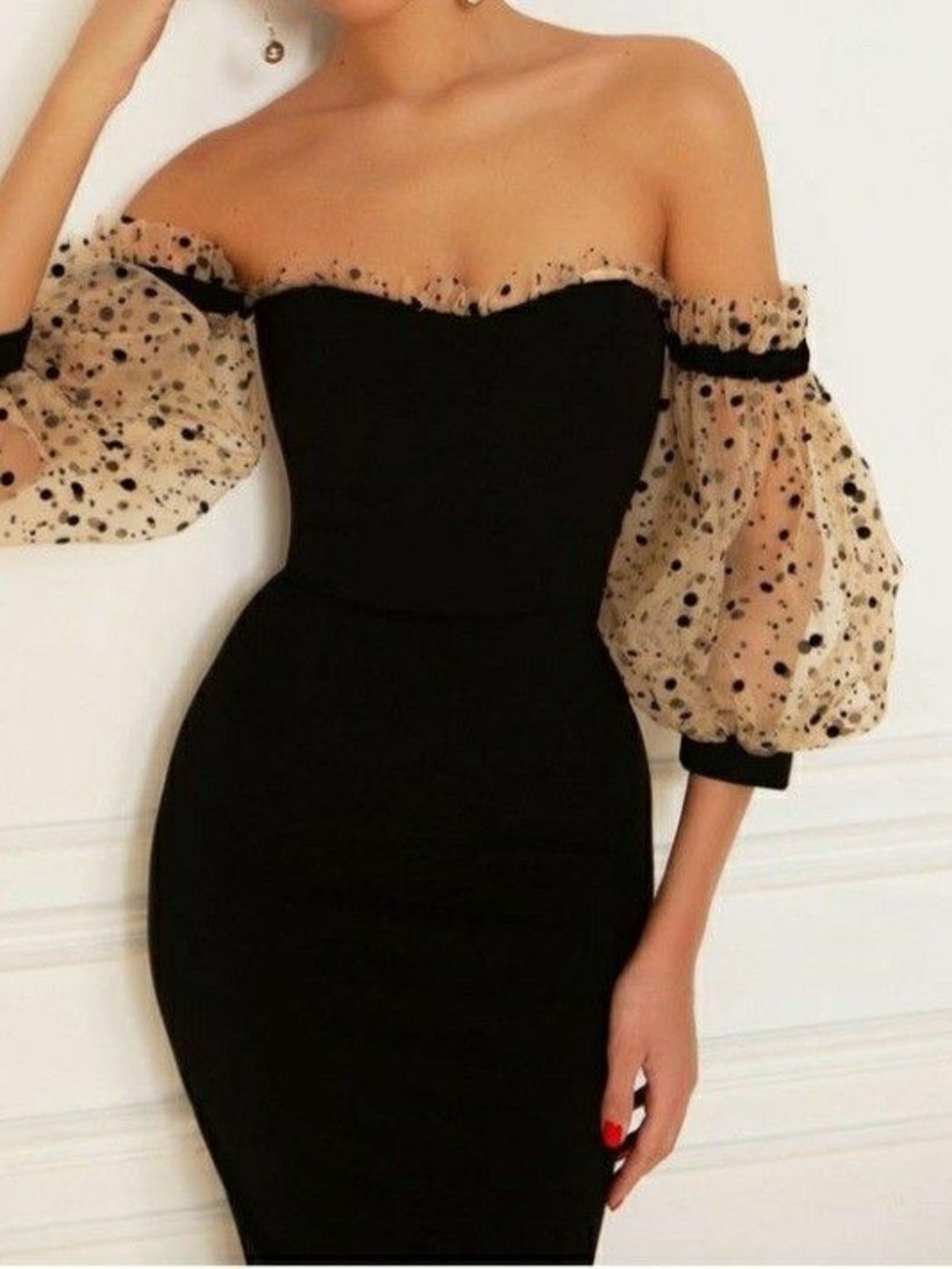 Elegant Strapless Black Dress with Sheer Polka Dot Puff Sleeves